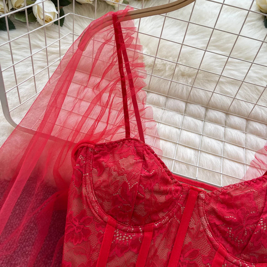 Women Chic Lace Mesh Sheer  Long Sleeve Backless Crop Top Solid Slim Parisian French Fashion Summer Women Shirt Square Collar