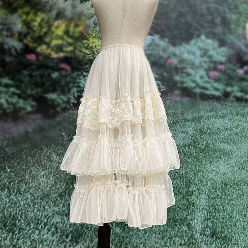 Gothic Lolita Lace Mesh Ruffles Fairy Princess Party Skirt Women Asymmetrical Cute Curtain Sheer Cover Up Thin Long Skirts White