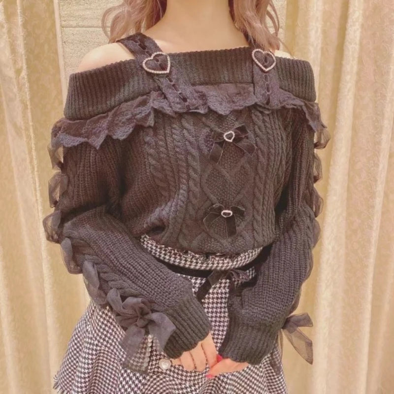 The Trianon Fairy Ribbon Knit | Vintage Sweet Lolita Off-Shoulder Pullover | Cute Lace Ruffle Bow Sweater | Parisian Princess
