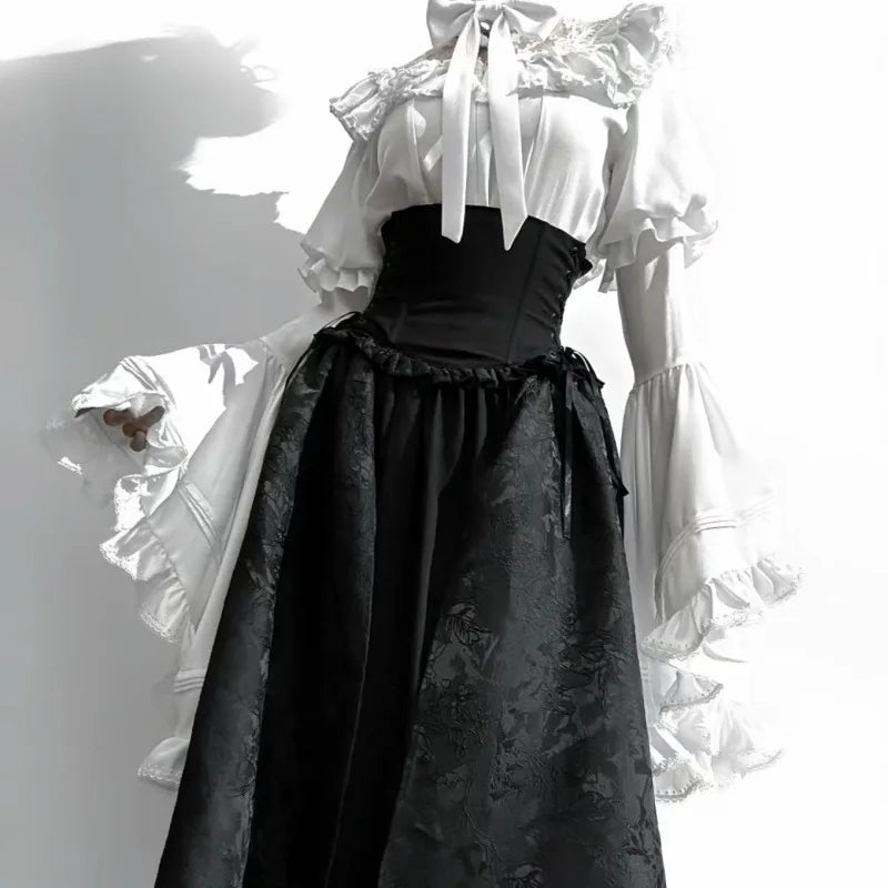 Lolita Style White Blouses Women 2025 Camisas De Mujer Patchwork Lace Flare Sleeve Shirt Y2k Tops Casual Fashion Japanese Blouse