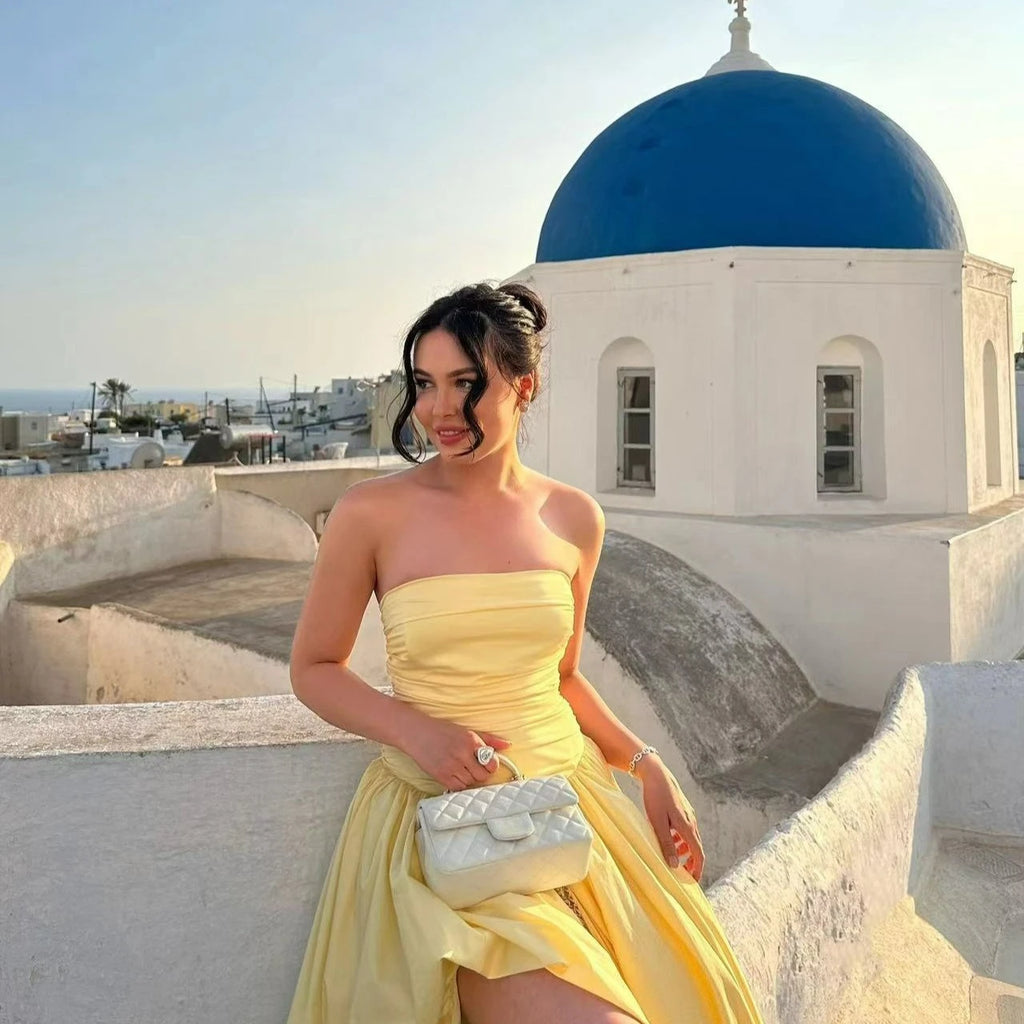 The Trianon Lemon Gown | French Temperament Irregular Lace Pendulum Dress | Yellow Tube Top High-Waist Fit & Flare Maxi | Parisian Princess