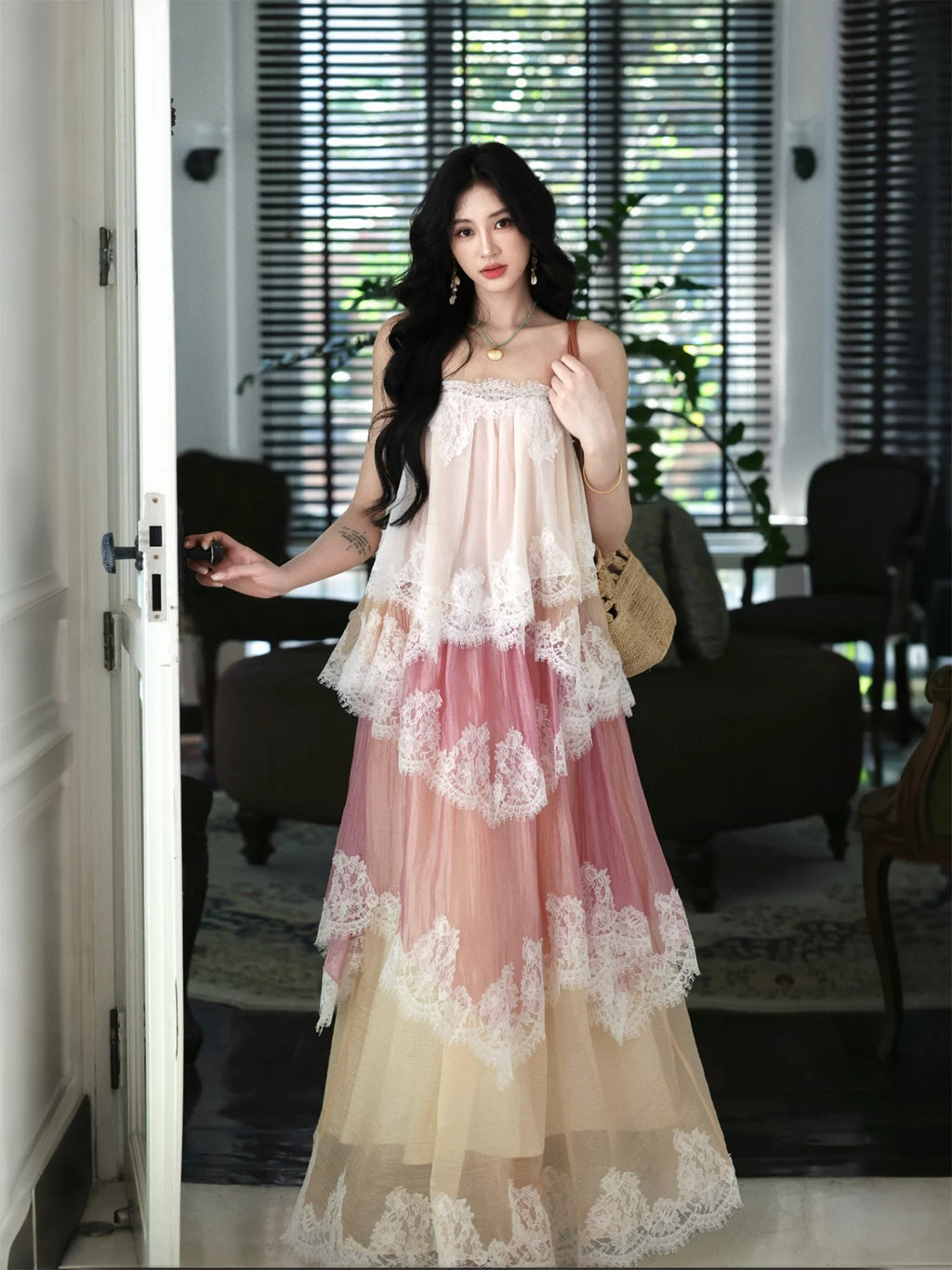 The Chantilly Gradient Lace Gown | Strapless Heavily Embellished Maxi | Vintage Gathered Skirt | Parisian Princess