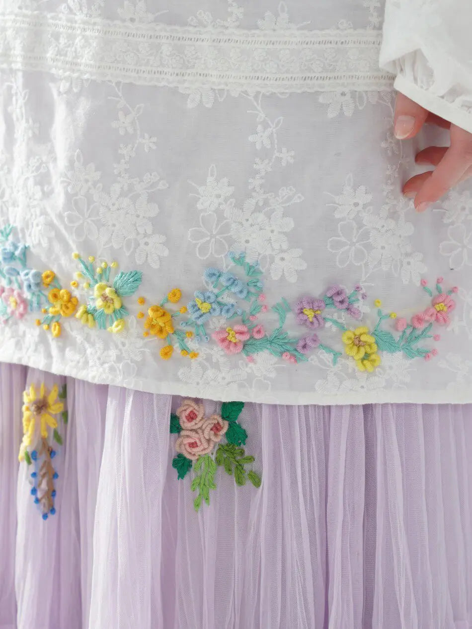 The Summer Floral Breeze Blouse | 100% Cotton Oversized White Top | Handmade 3D Embroidered Loose Lace Top | Parisian Princess