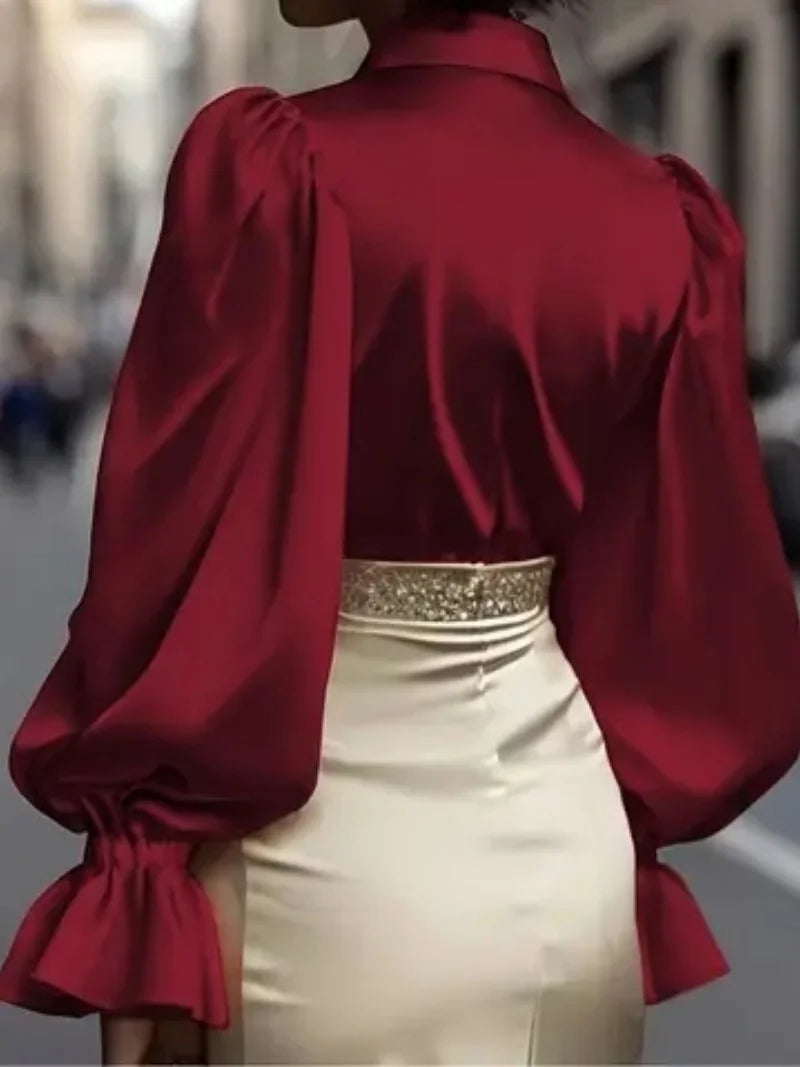 The Parisian Executive Satin Blouse | Ruffled Cuff Button-Down | Chic Office & Casual Silk-Touch Top | Parisian Princess