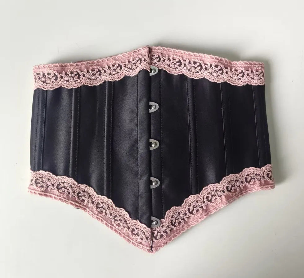 Womens Pink Underbust Corset Top Sexy Lace Trim Boned French Style Lolita Bodices Vintage Bustier Bridal Wedding Party Costumes