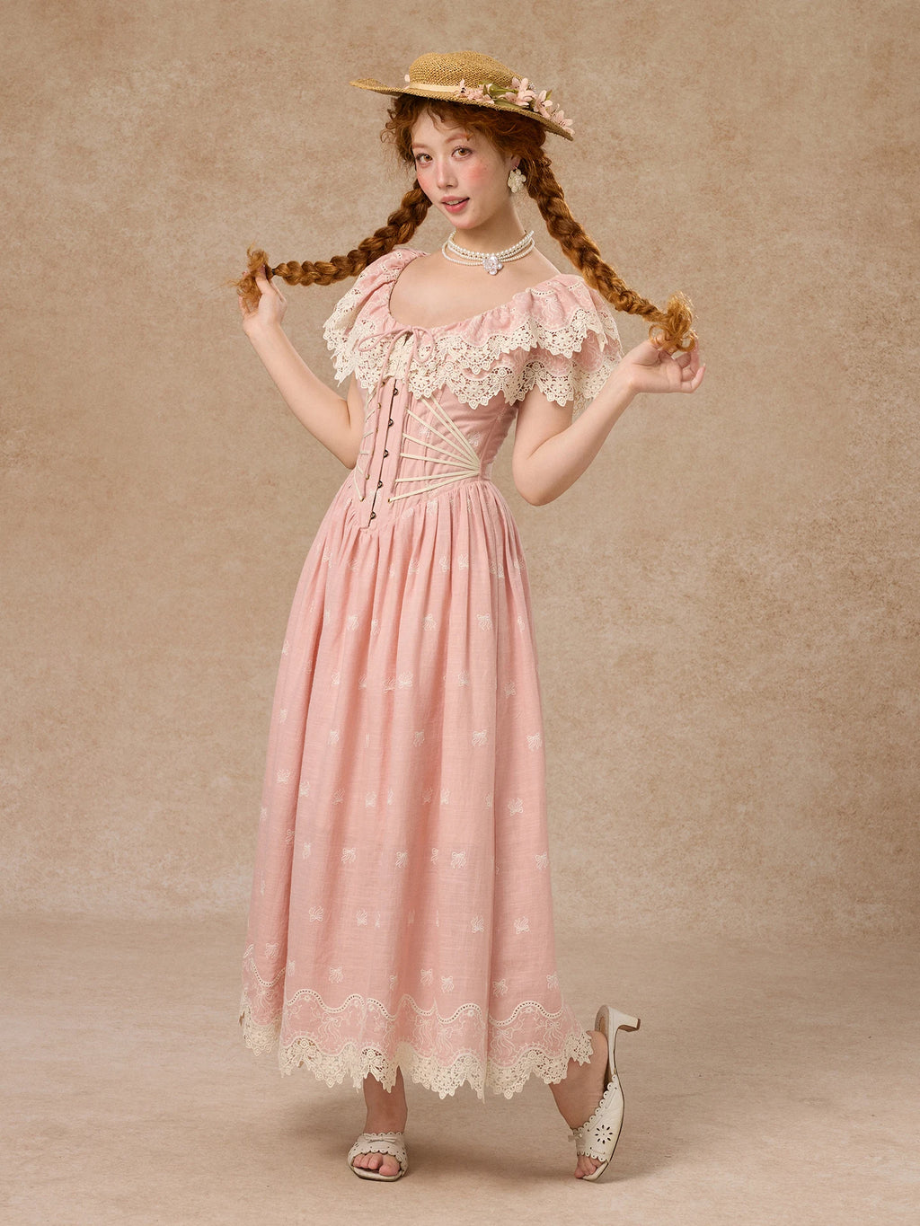 80-102cmSummer Pink Birthday Party Long Dress Women Vintage ElegantSlim Sexy Boat Neck Hollow Out Embroidery Lace Fishbone Dress