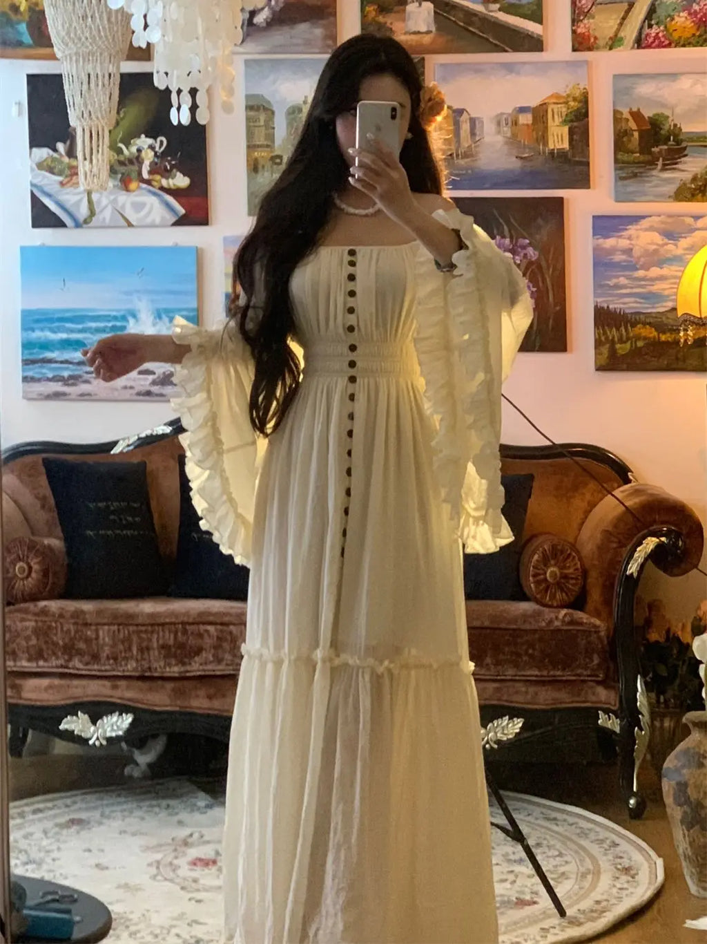 The Coalfell Vacation Gown | French Cotton-Linen Apricot Midi | Batwing Sleeve Lace Temperament Dress | Parisian Princess