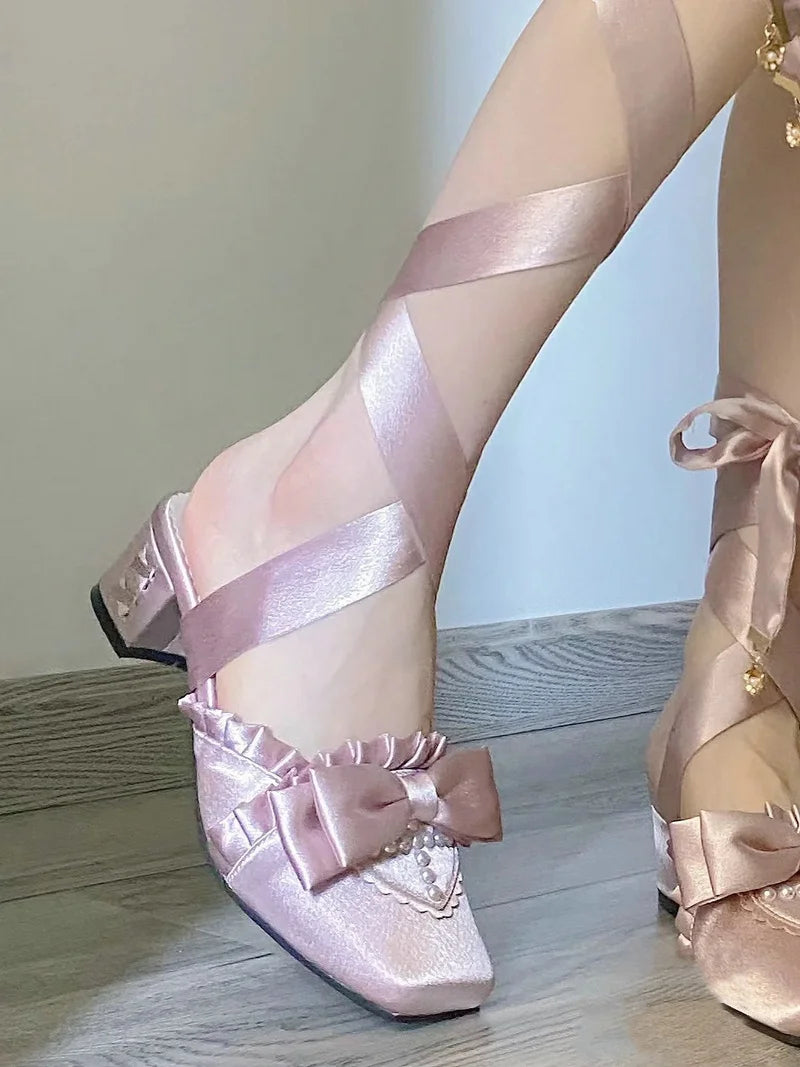 The Swan Satin Ballet Pumps | Lace-Up Platform Mary Jane | French Fairy Lolita Heels | Parisian Princess