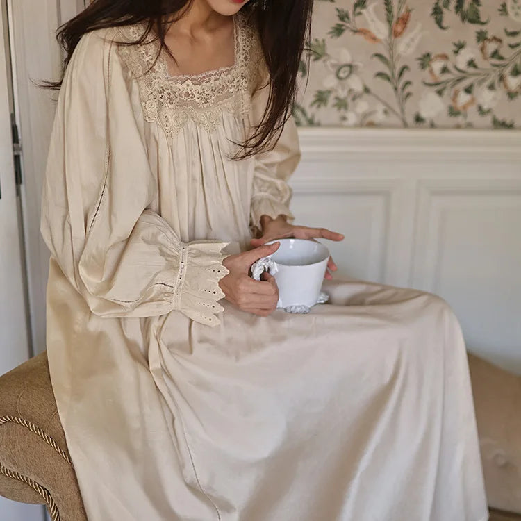 Parisian classical retro nightgown fairy princess style sweet lace square neck nightgown for girls long style women 100% cotton