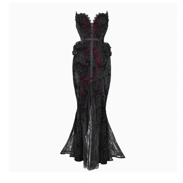 Gothica Original Design Vampire Black Red Dress Lace Patch Gothic Velvet Trumpet Sleeveless Sexy X-Long Dress Halloween
