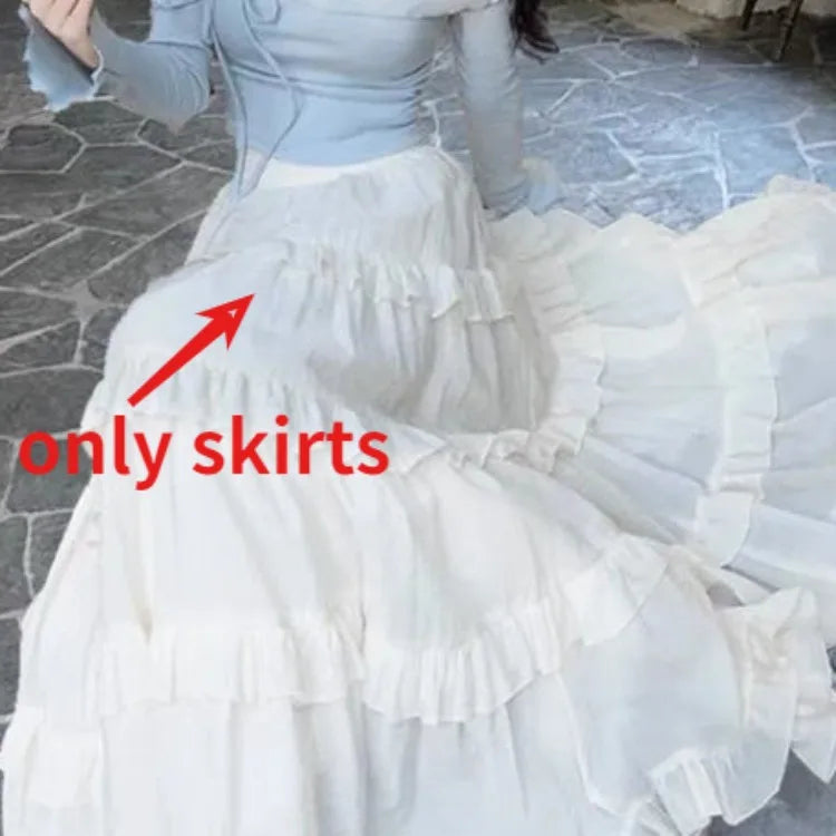 Blue 3D Flower Square Collar Long Sleeve Slim Fit Tops Women + Parisian High Waist Ruched Cake Skirts 2026 Autumn New Two Piece Sets