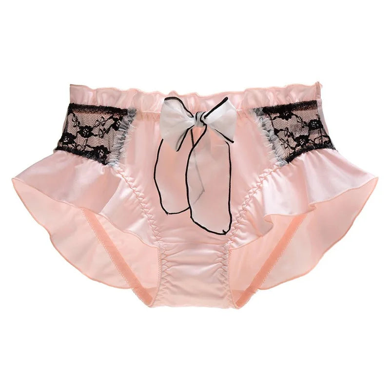 The Macaron Milk Silk Briefs | Lolita Lace Ruffle Panties | Sweet Bow Ribbon Intimates | Parisian Princess