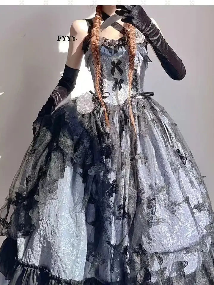 Dophee Original Lolita Flower Wedding Dress Set Gothica Black Pink JSK Dress Elegant Ruffles Mesh Spring Summer OP Dress