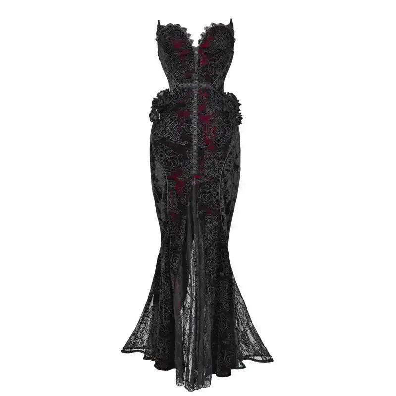 The Scarlet Blood Peak Manteau | French Gothic Dark Heart Velvet Gown | Glitter Mermaid Cosplay Dress | Winter 2024 Atelier Collection