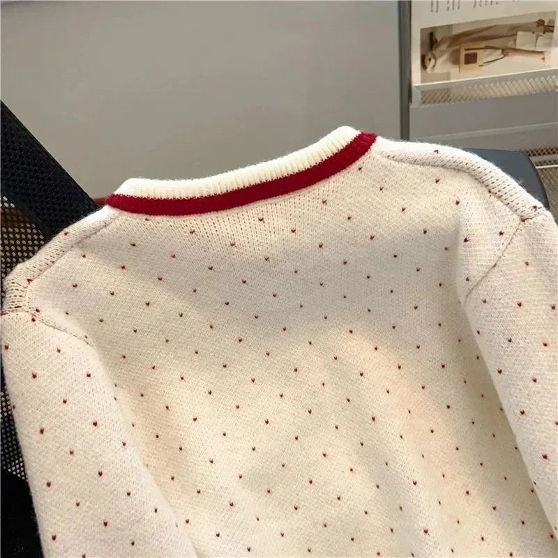 Red Polka Dot Short Knitted Sweater Coat Women's Spring Design Sense Self-Preserving Style Full Sleeve round Neck Top