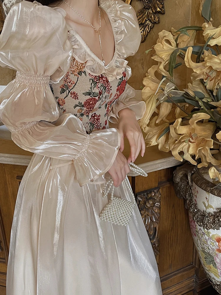 The Trianon Fairy Midi | Vintage Floral Puff Sleeve Prom Dress | Elegant Luxury Print Summer Gown | Parisian Princess
