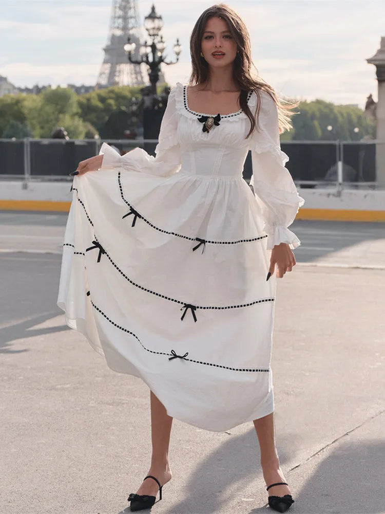 Gothica Parisian Fall White Maxi Dress Women Vintage Elegant Slim Lace Collar Long Sleeve French Halloween Dress