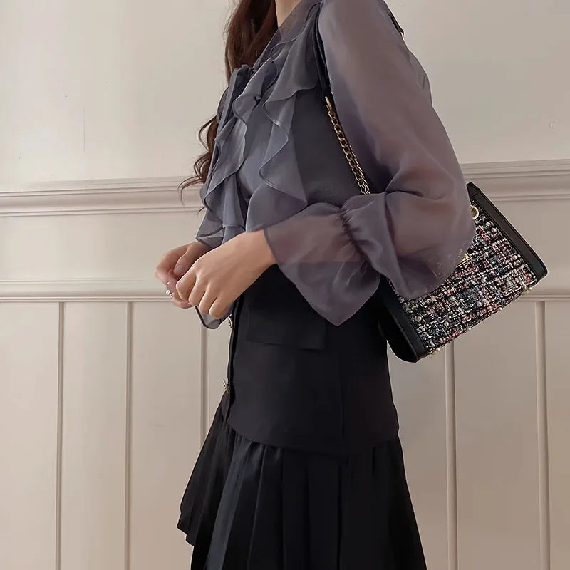The Adrienne Chiffon Manteau | Parisian Office Lady Silk-Touch Blouse | French Sweet Bow Executive Shirt | Slate Gray Summer Atelier Top