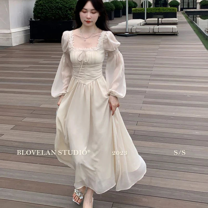 Sweet Sexy Chiffon Dress Women Fashion Slim Elegant French Dress Breathable Long Sleeve Beach Hoiliday Party Vestidos