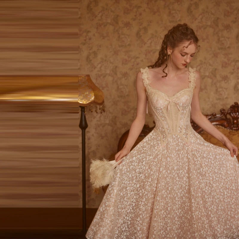 The Palais Floral Lace Midi | Long Sleeve Pleated Party Dress | French Palace A-Line Gown | Parisian Princess