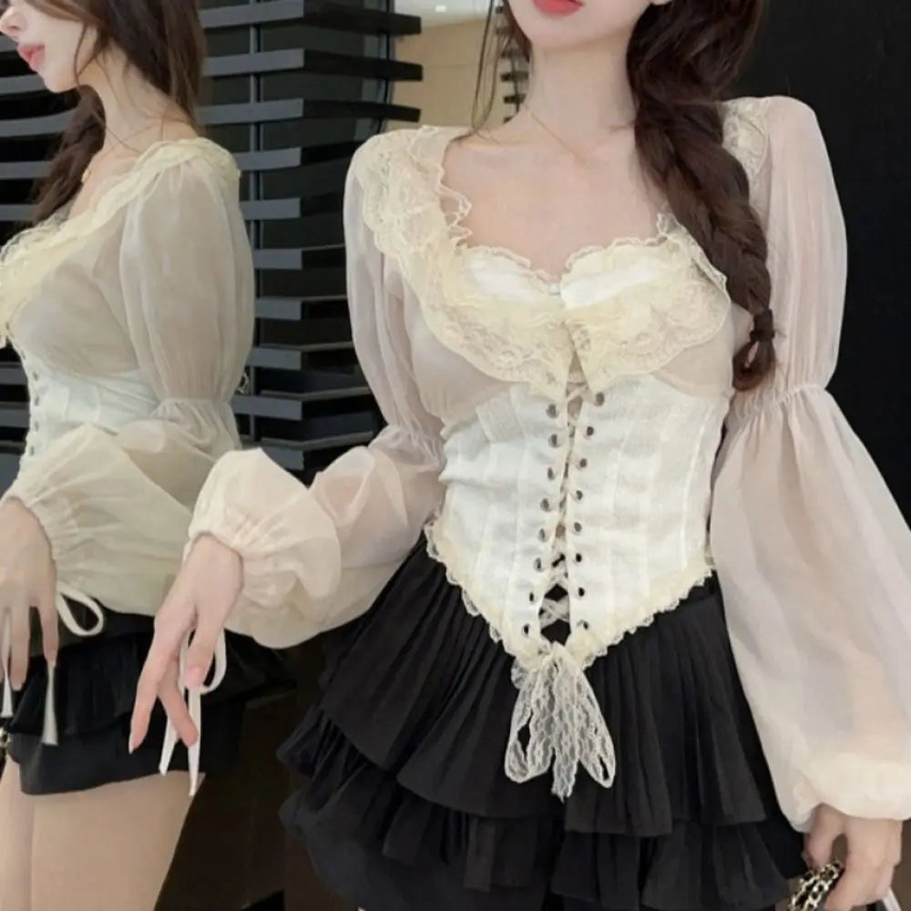 The Céleste Mesh Manteau | Parisian Flounce Lace Blouse | V-Hem Puff Sleeve Party Top | French Coquette Aesthetic