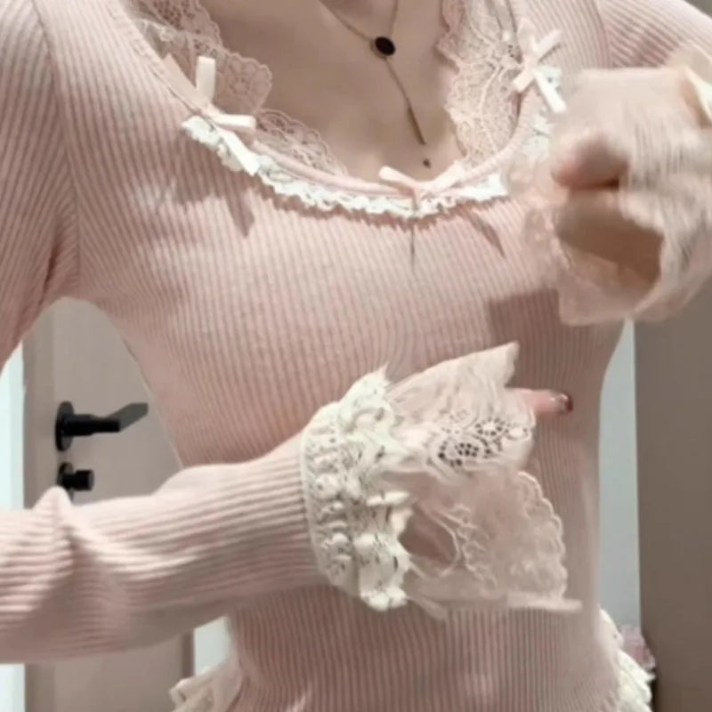 The Trianon Lace Plaid Tee | French Long Sleeve Bow Top | Slim Spring Knitted Blouse | Parisian Princess