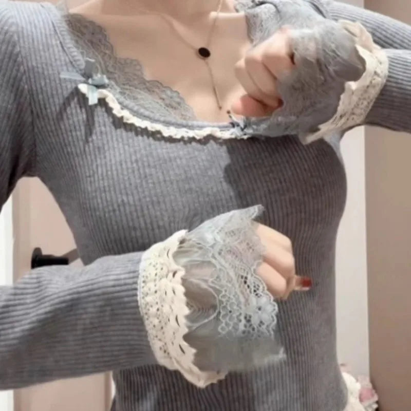 The Trianon Lace Plaid Tee | French Long Sleeve Bow Top | Slim Spring Knitted Blouse | Parisian Princess