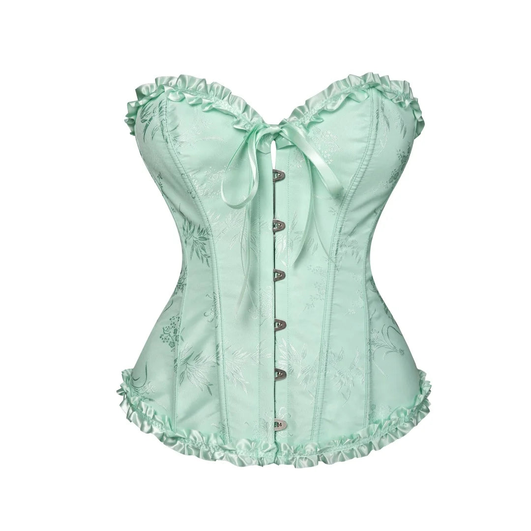 Yellow Jacquard Ruffled Trim Boned Sexy Overbust Push Up Bustier Top Corset Mujer Slimming Corsets For Women Sexy Gothic Clothes