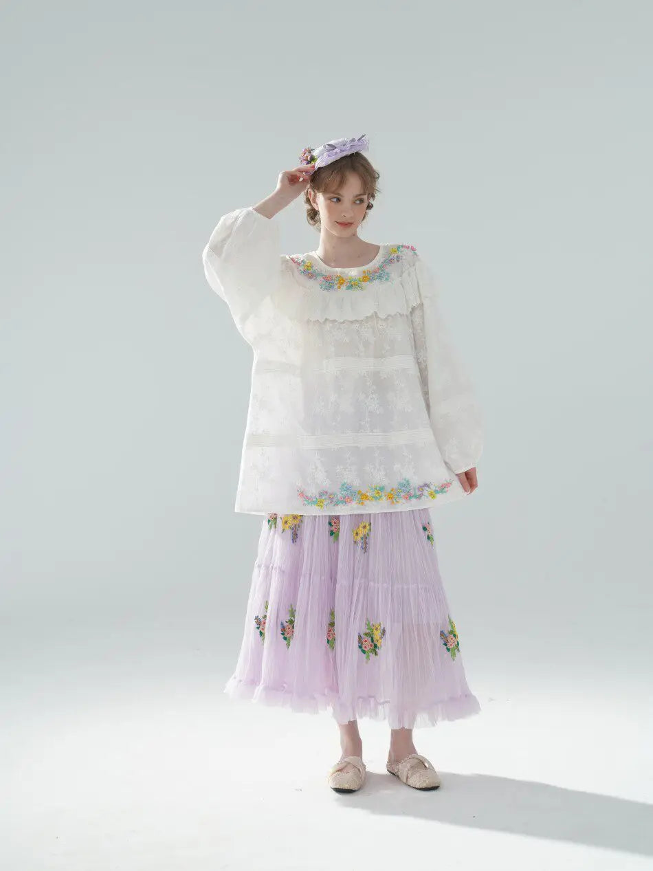 The Summer Floral Breeze Blouse | 100% Cotton Oversized White Top | Handmade 3D Embroidered Loose Lace Top | Parisian Princess