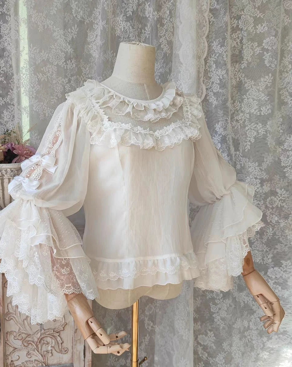 Lolita Long Sleeve Cascading Round Neck Long Sleeve Shirts Women Elegant White Blouses Lace Splicing Loose Chiffon Blusas Girl