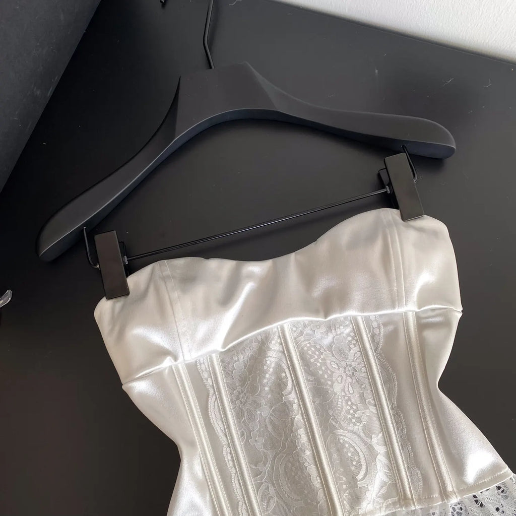 The Fontainebleau Satin Corset Cami | French Lace Strapless Crop Top | Wedding & Night Out Tank | Parisian Princess