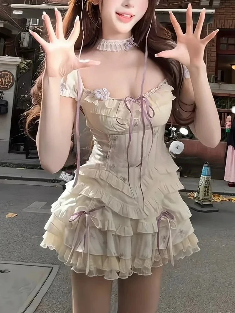 Sweet Parisian 2-Piece Dress Set Women Sexy Off-Shoulder Corset Tops + Mini Cake Skirt French Court Casual Parisian Chic Outfit New