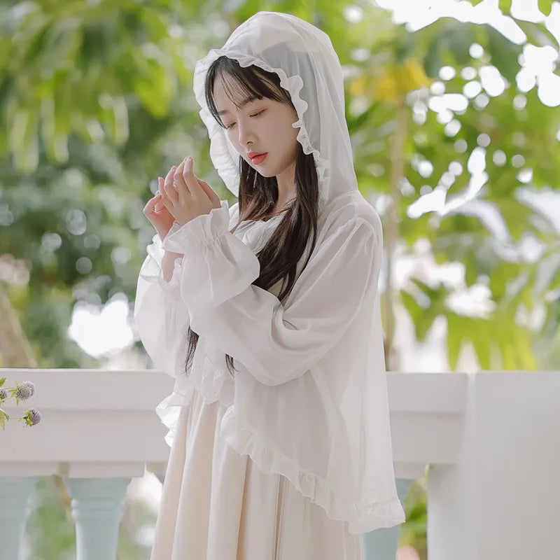 Lolita Chiffon Open Front Wraps Poncho Soft Coat Capes Girls Sweet Hood Covers Sweet Ruffle Shawl Cape Sun Protective For Women