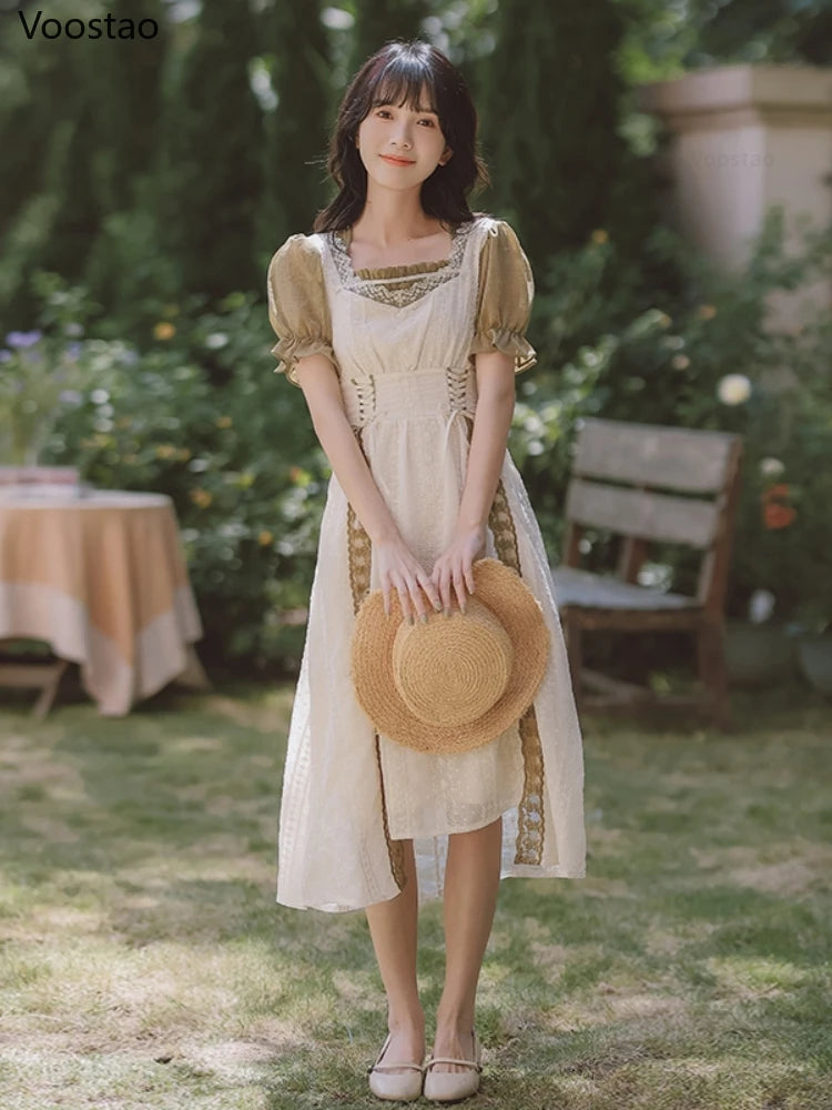 Vintage Chic Parisian Cottagecore Girl Style Dress French Women Elegant Flare Sleeve Bandage Fake Two Pieces Dresses Female Sweet Party Vestidos
