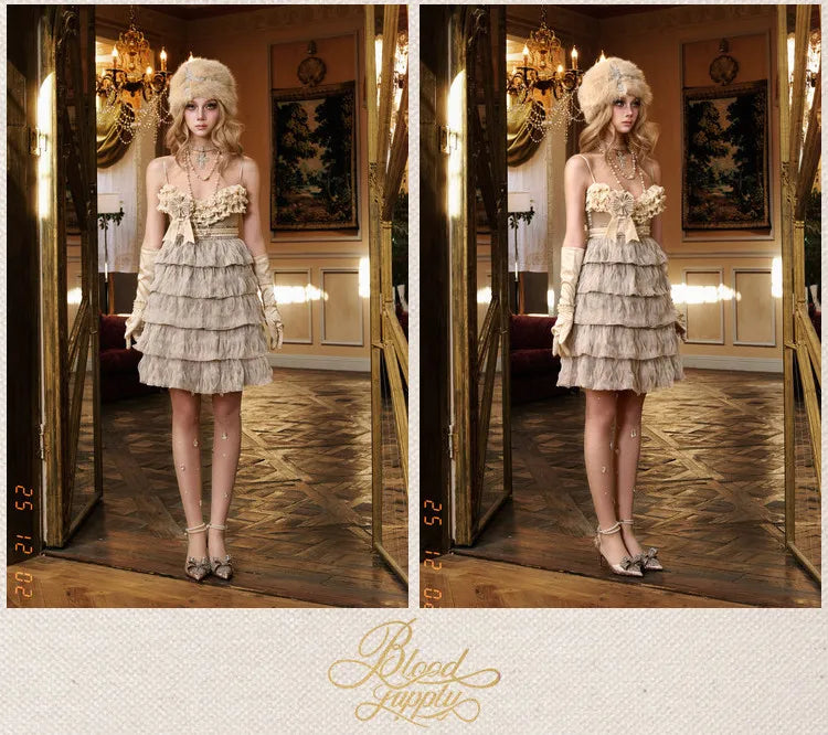 The Gothica Russian Princess Cake Dress | High-Waist Lace-Strap Luxury Slip | Sweet Apricot Layered Jupe | Parisian Princess
