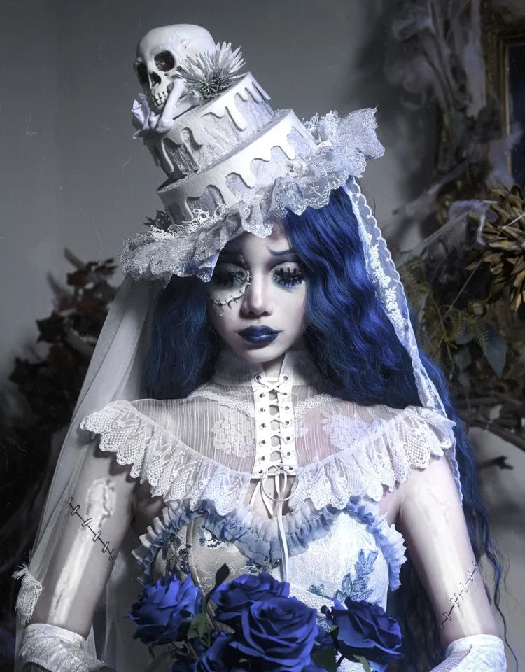The Gothica White Gothic Dress | Zombie Bride Spine Lace Gown | Chiffon Tailed Party Dress with Cape | Parisian Princess