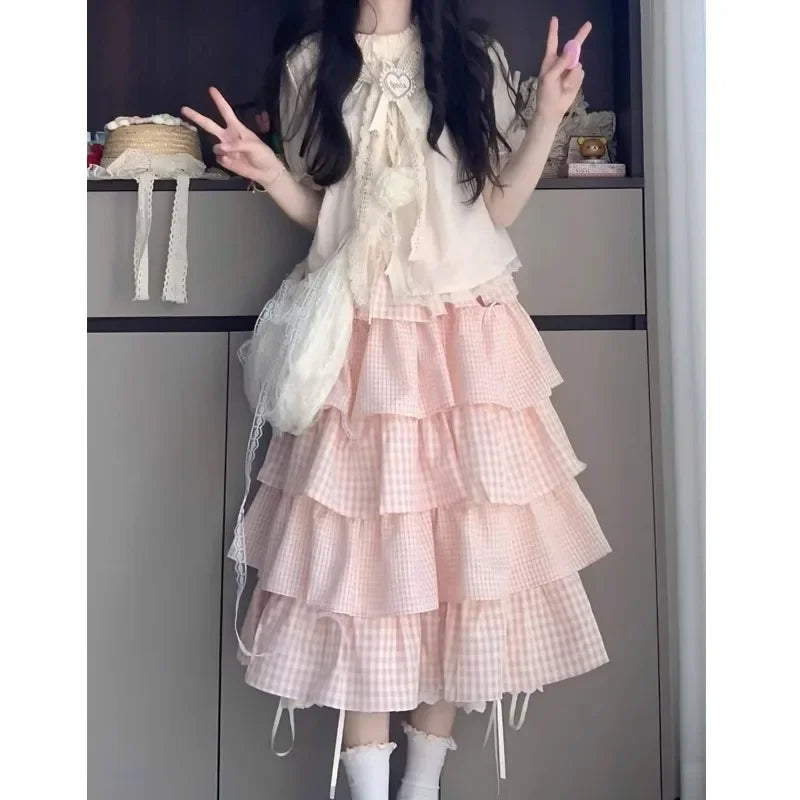 Cute Sweet Sister Classic Parisian Outfit Women's Plaid Ribbon Tied Shirt And Knee-Length Cake Skirt Two-Piece Set