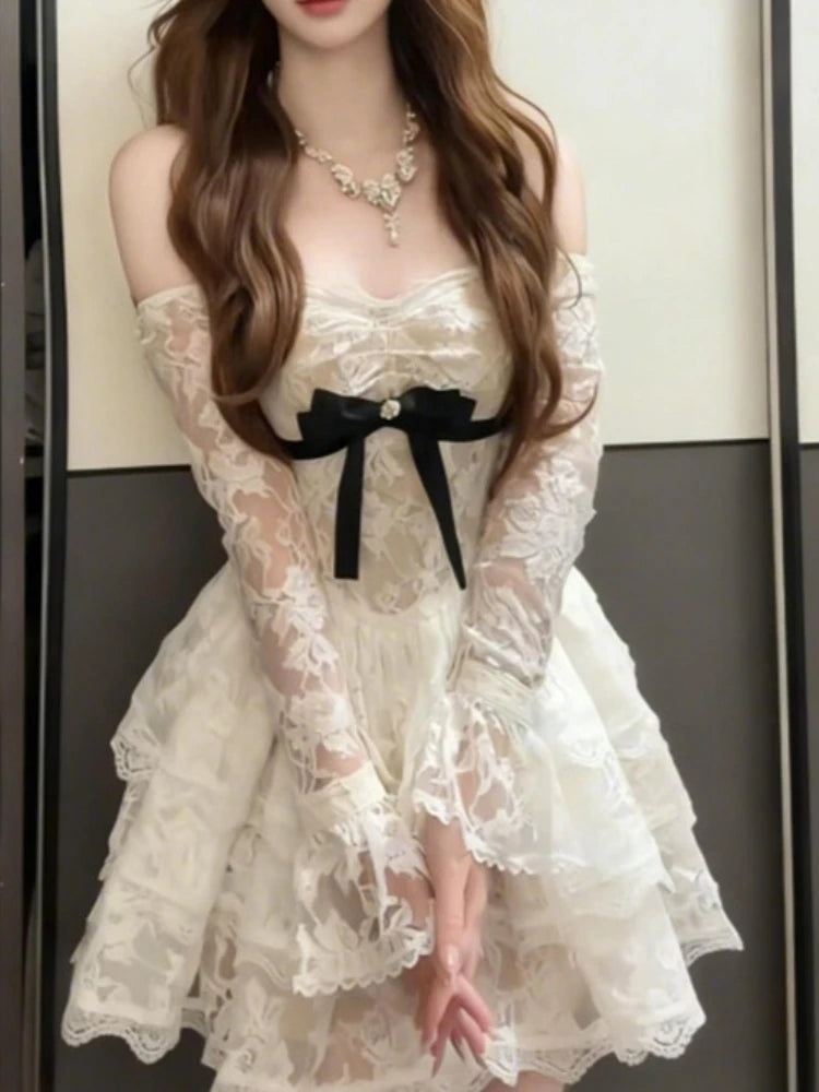 French Vintage Elegant Lace Dress Women Off Shoulder Bow Long Sleeve Slim Fit Lolita Style Skirt Romantic Autumn Winter Clothing