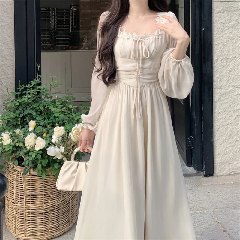 Parisian Cottagecore Woman Dress Vintage Romantic Solid Chiffon Lantern Sleeve Fairy Princess Dresses For Date Party Night Faldas