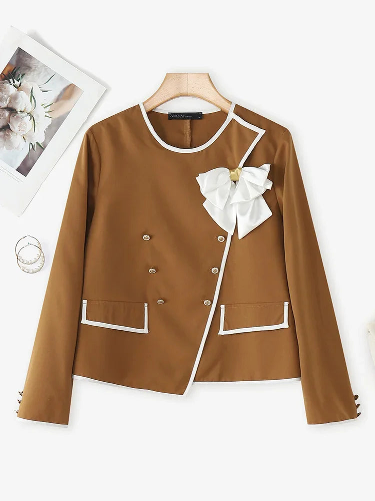 Parisian Elegant Blazer Double Breasted Long Sleeve Coats Women Fashion Bow Office Outerwear 2025 Casual Street Jackerts