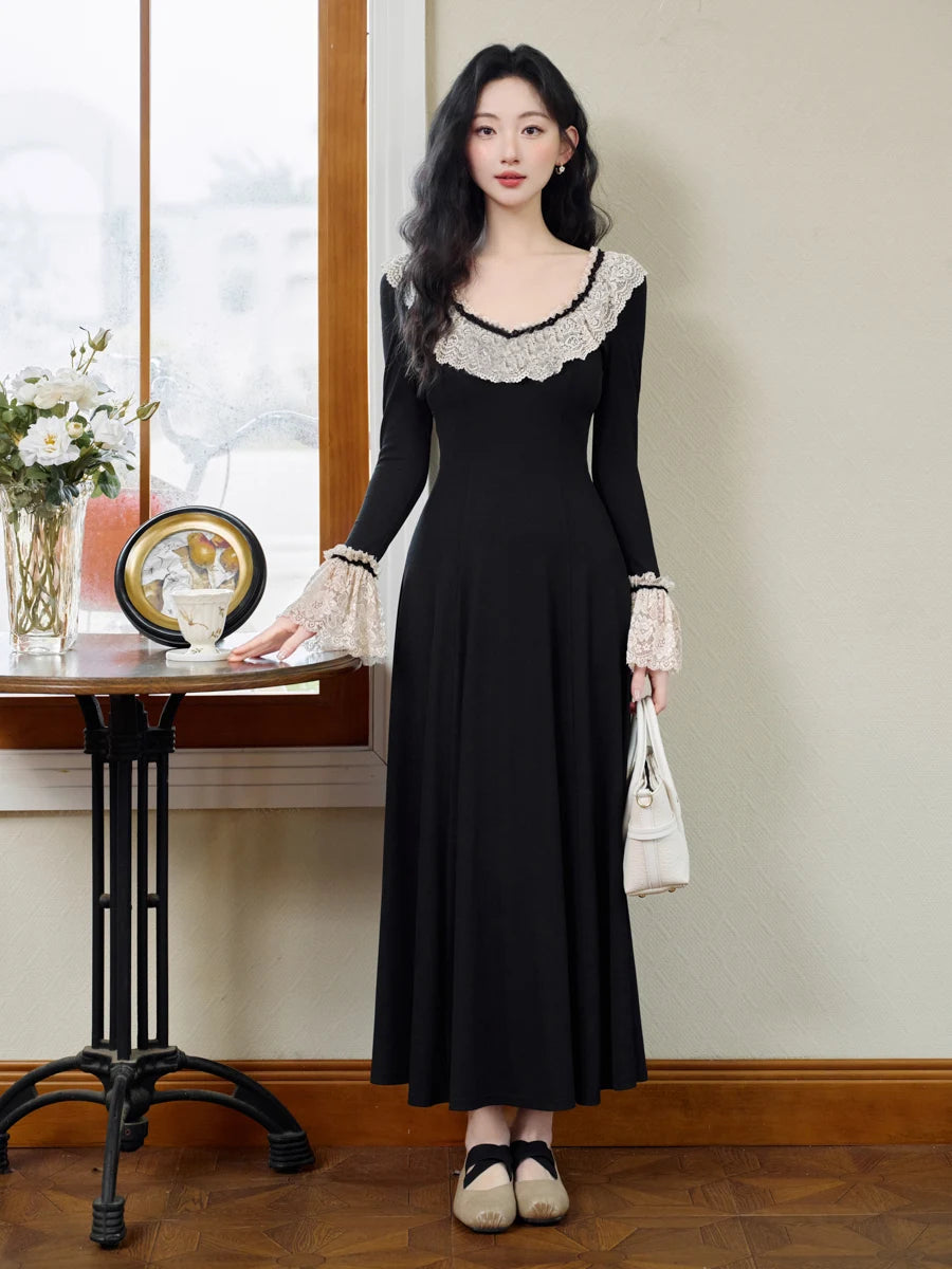 Vintage Black Knitted Basic Dress Woman Retro French Style Lace Collar Flare Sleeve Elegant Lady Long Dresses Vestido Negro
