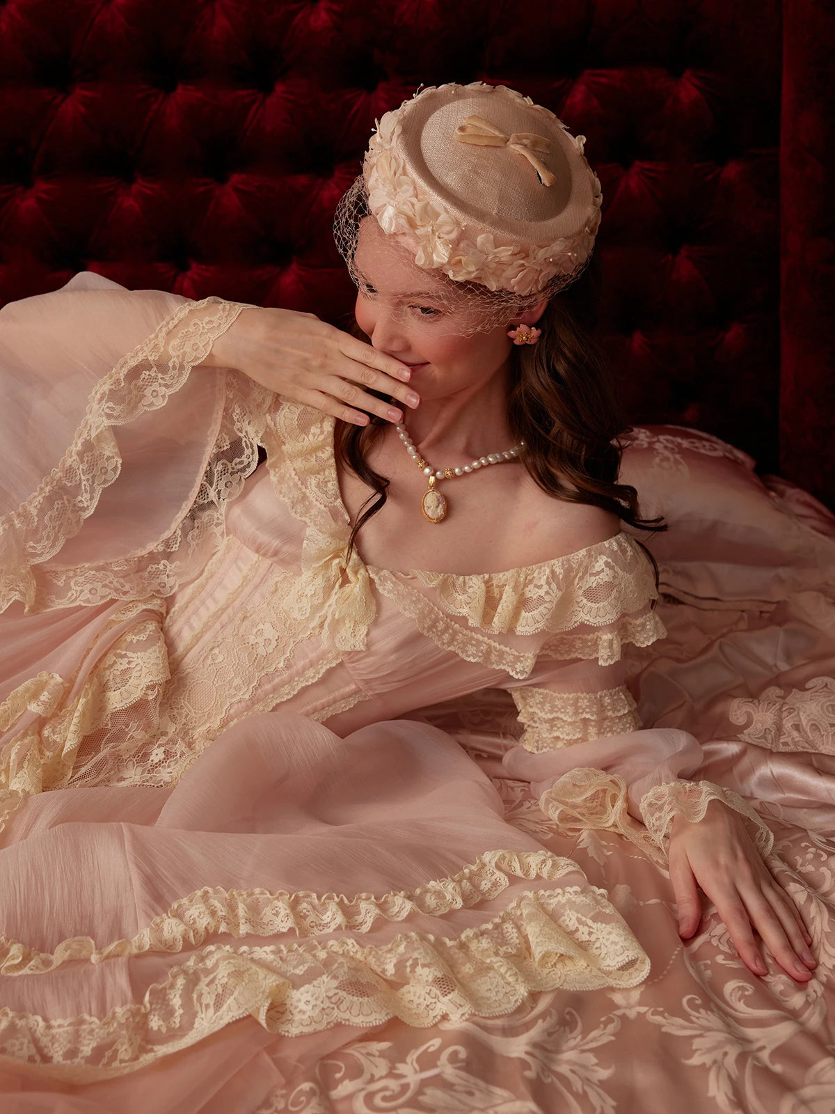 The Parisian Pink Bell Sleeve Gown | Courtly Retro French Lace Dress | Fairy-Tale A-Line Spring Maxi | Parisian Princess