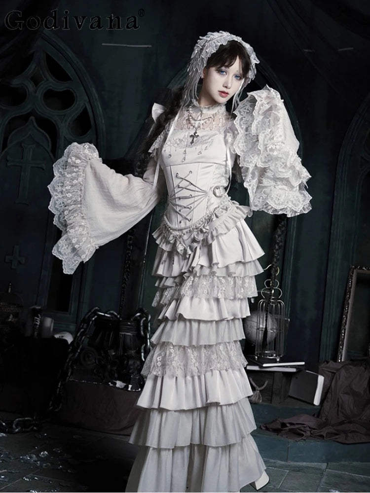 Gothica Signature Long Split Dress New Womens French Elegant Court Style Heavy Industry Lolita Dress Fishbone Corset Skirt Shirt Set