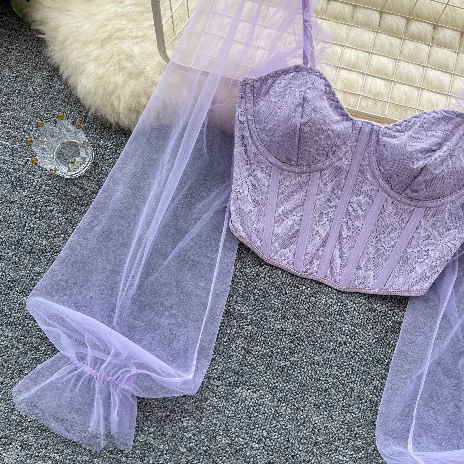 Women Chic Lace Mesh Sheer  Long Sleeve Backless Crop Top Solid Slim Parisian French Fashion Summer Women Shirt Square Collar