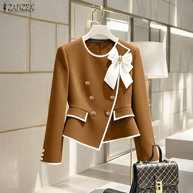 Parisian Elegant Blazer Double Breasted Long Sleeve Coats Women Fashion Bow Office Outerwear 2025 Casual Street Jackerts