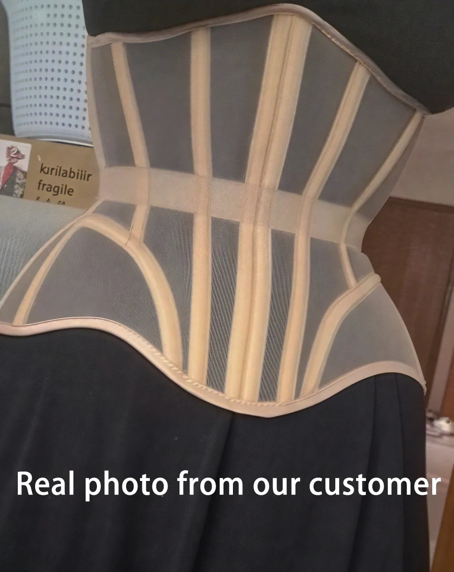 Women Abdomen Tight Corset Crops Under Bust Bustiers Breathable Mesh Waist Girdle With Bones Slimming Lace Up Bodices