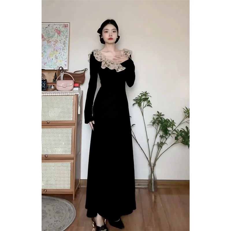 Vintage Lace Black Midi Dress Women Party Sexy Slash Neck Bandage Dresses Autumn Korean Elegant Long Sleeve Bodycon Vestidos New