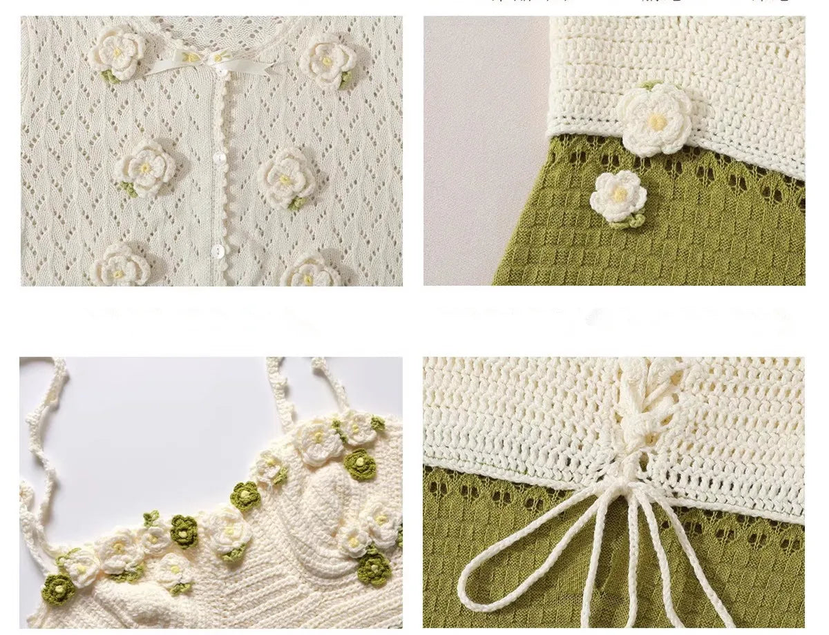 The Garden Princess Crochet Set | Wool Knitted Cardigan & Midi Dress | Handmade Floral Hollow-Out Two-Piece | Parisian Princess