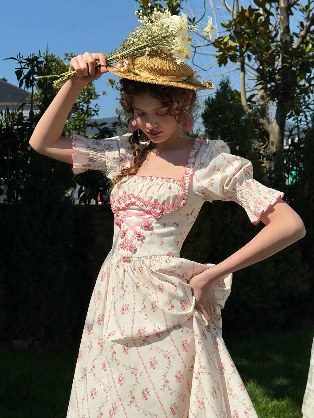 The Giverny Floral Cotton Gown | Square Neck Puff Sleeve Midi | French Countryside Prairie Dress | Parisian Princess