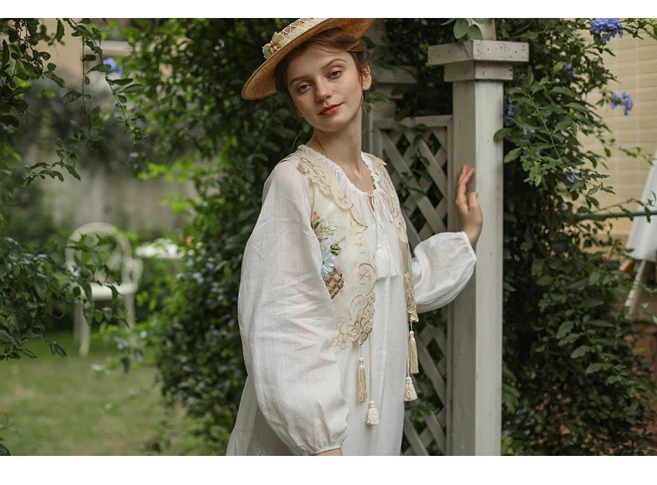 The Antoinette Tassel Embroidery Vest | French Antique Floral Cotton Gilet | Open-Stitch V-Neck | Parisian Princess